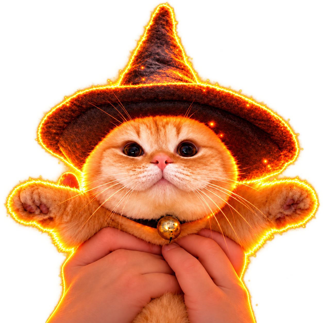 CHONK, the round orange cat wearing a magical witch hat