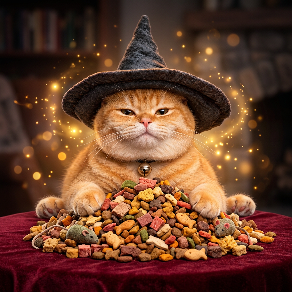 CHONK guarding a pile of magical cat treats